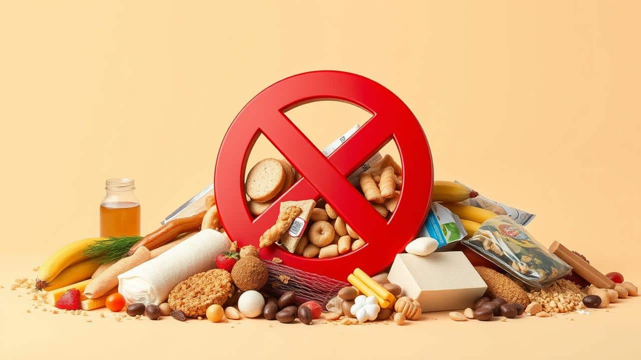 Representação artística de um símbolo de proibição vermelho sobre uma pilha de alimentos ricos em carboidratos, processados e açucarados, como pão, massa e doces.