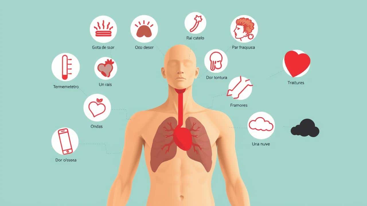 Representação pictórica de figura humana com ícones abstratos de sintomas como febre, suor, dor óssea, fraqueza e alterações de humor.
