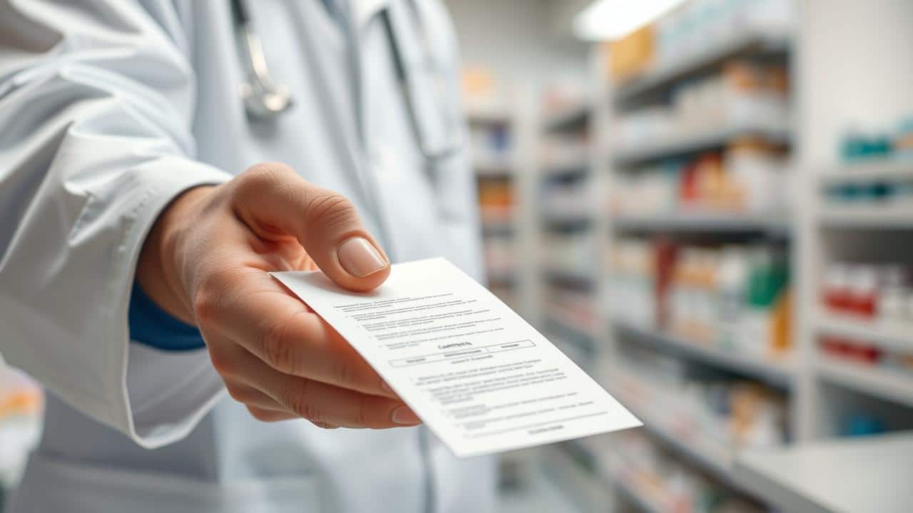 Mão de farmacêutico recebendo receita médica de paciente, ilustrando nova regra da ANVISA para compra de medicamentos.