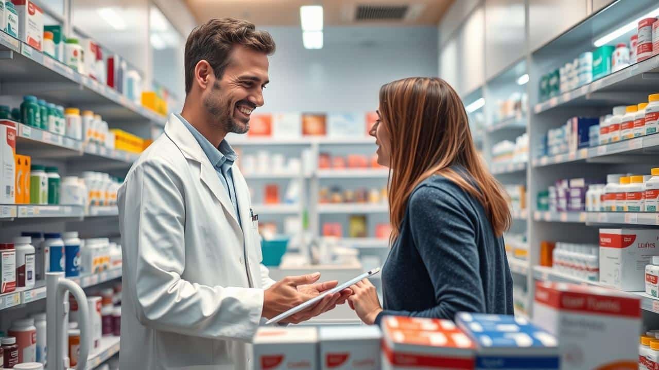Interior de uma farmácia moderna com farmacêutico atendendo cliente, simbolizando compra segura de medicamentos.