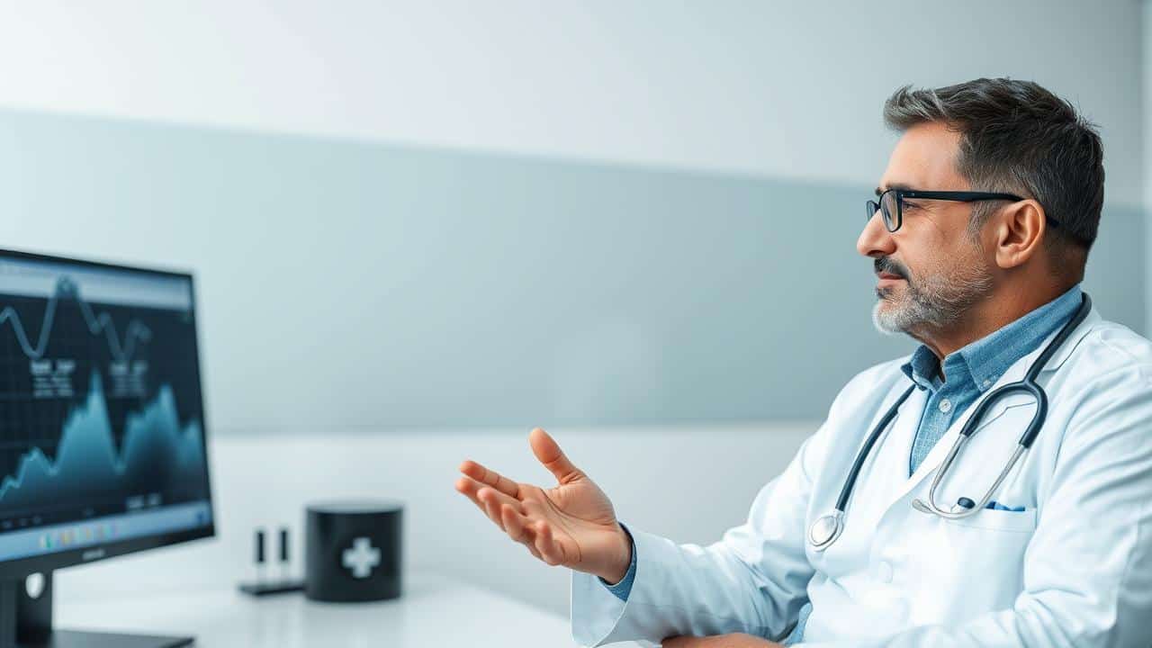 Médico e paciente em consulta, simbolizando a importância da supervisão e regulamentação médica.