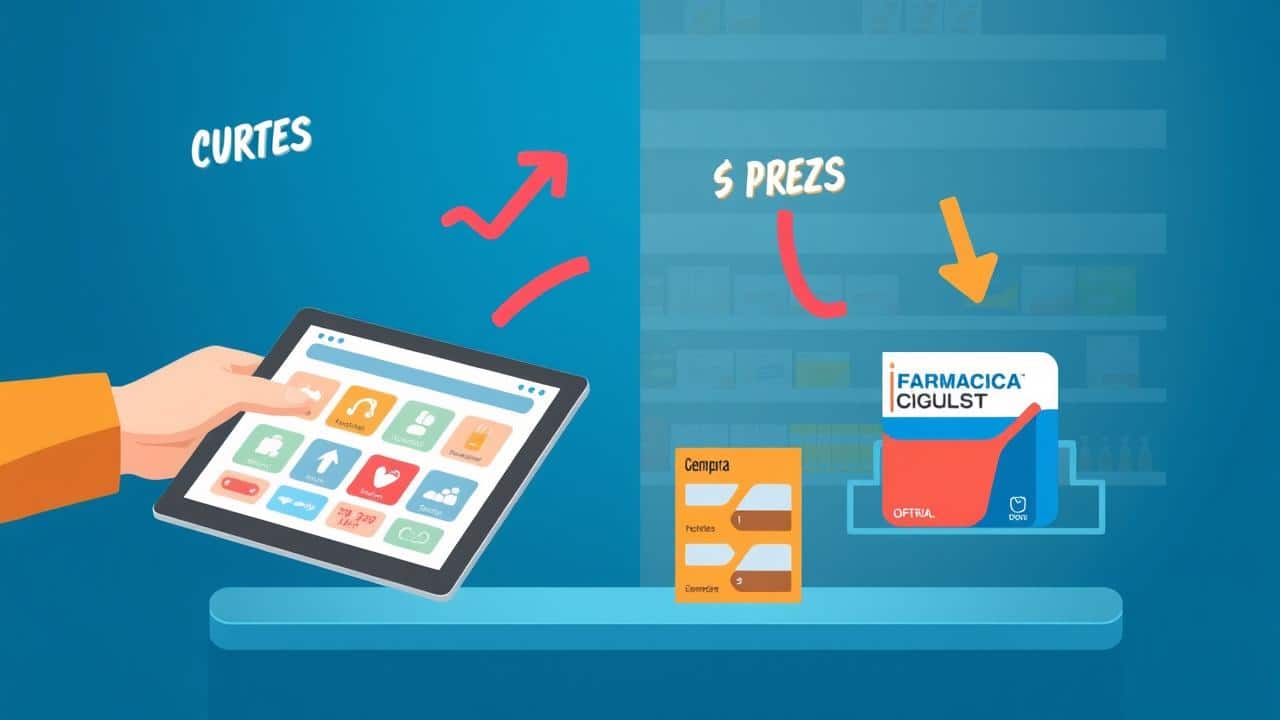 Ilustração comparando a compra de medicamentos online versus em farmácia física, com símbolos de variação de preço.