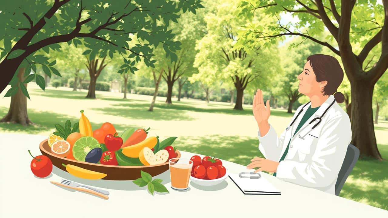 Ilustração de um estilo de vida saudável com dieta, exercício e acompanhamento médico.