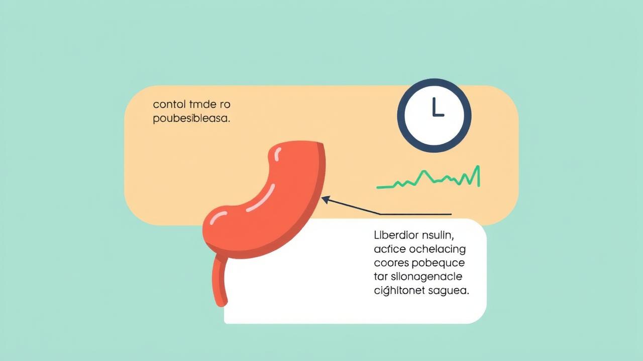 Ilustração em 'flat design' do pâncreas liberando insulina e fígado inibindo glicose para controle de açúcar no sangue.