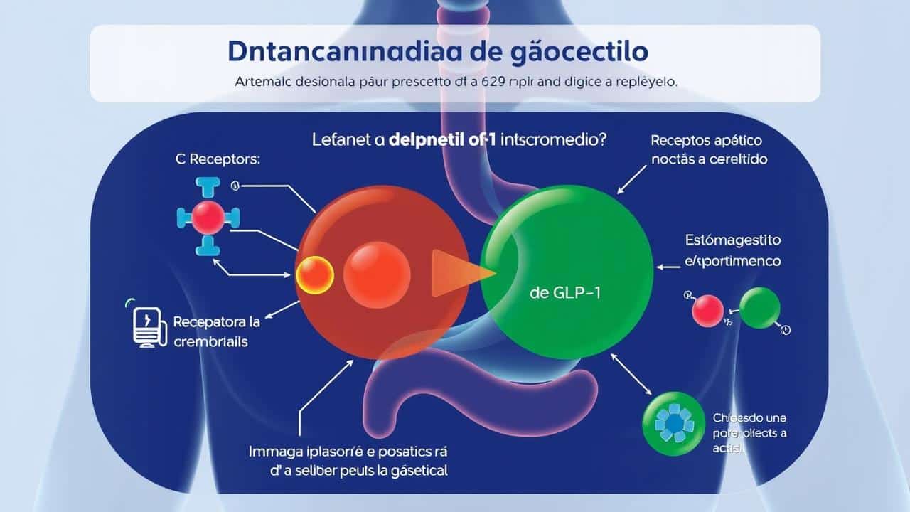 Ilustração científica do Ozempic imitando GLP-1 para regular apetite e esvaziamento gástrico.