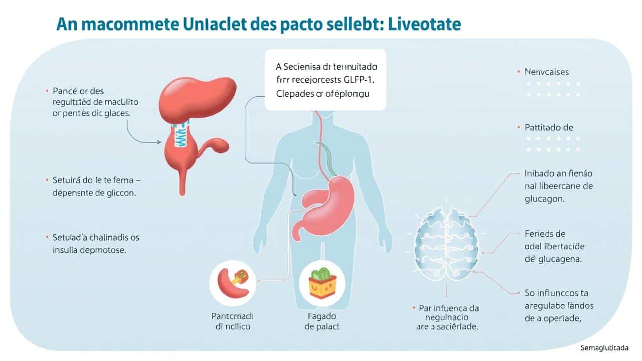 Ilustração do mecanismo de ação da semaglutida, mostrando interação com receptores GLP-1, pâncreas, fígado e cérebro para controle glicêmico e do apetite.