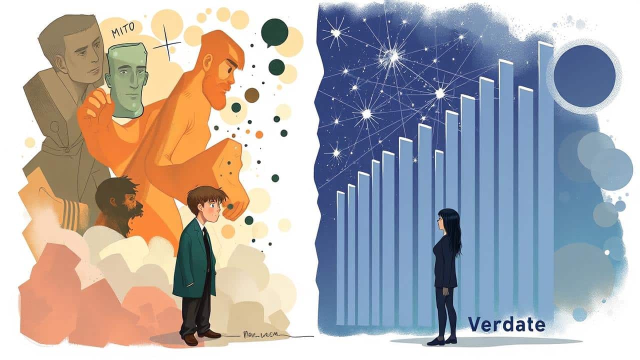 Ilustração conceitual dividida em 'Mito' e 'Verdade' sobre creatina, usando elementos visuais de desinformação e clareza científica.