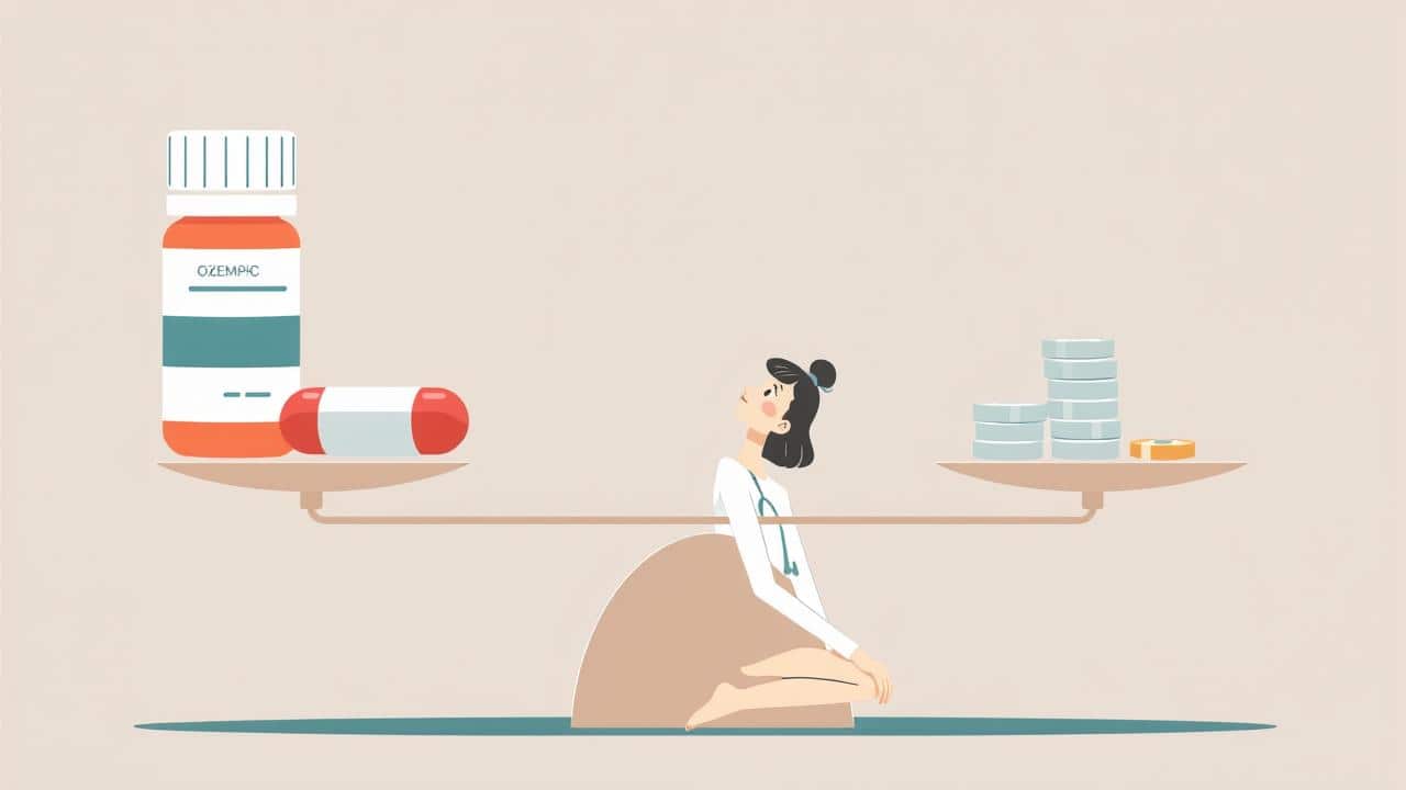 Ilustração de uma balança equilibrada com uma caneta de medicamento e moedas, simbolizando o custo e acesso ao tratamento.