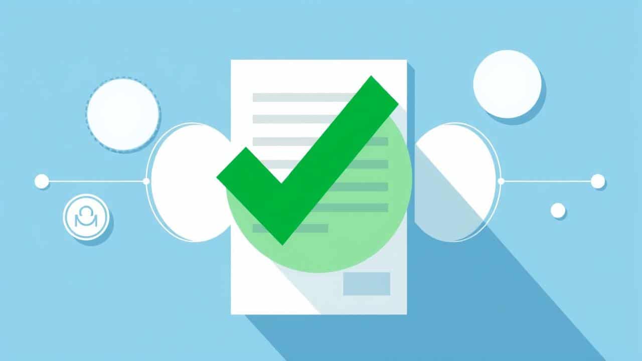 Ilustração minimalista de um relatório com um checkmark verde, simbolizando aprovação regulatória e segurança.