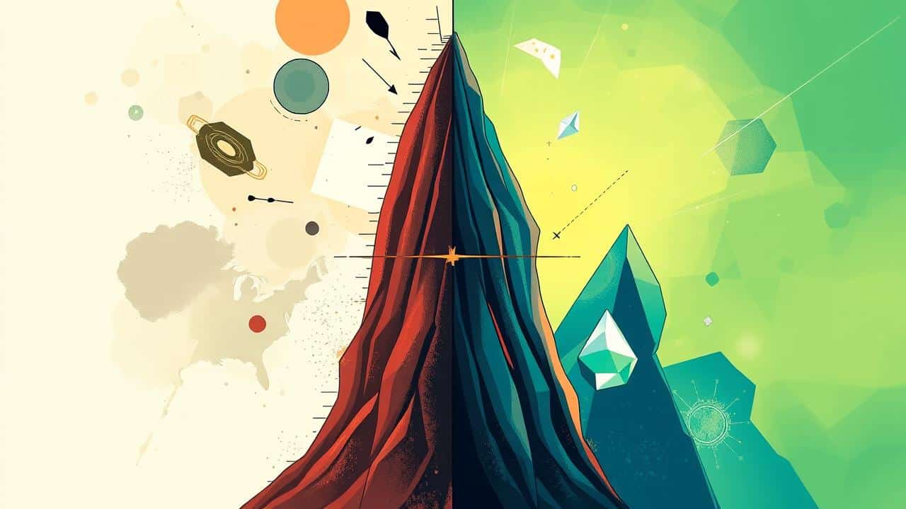 Ilustração conceitual dividida, representando 'Mito' com elementos nebulosos e 'Verdade' com formas claras e precisas.