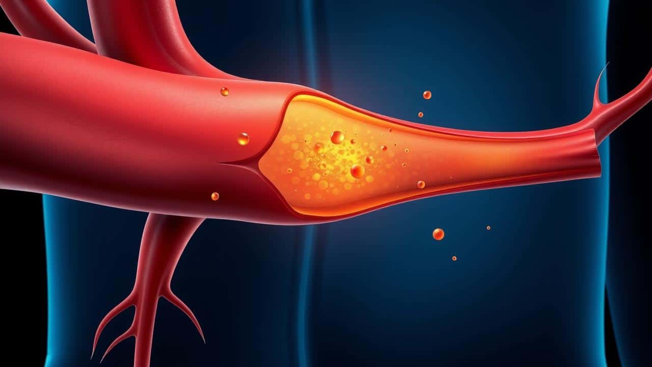 Ilustração médica de artéria com acúmulo de placa de colesterol LDL.