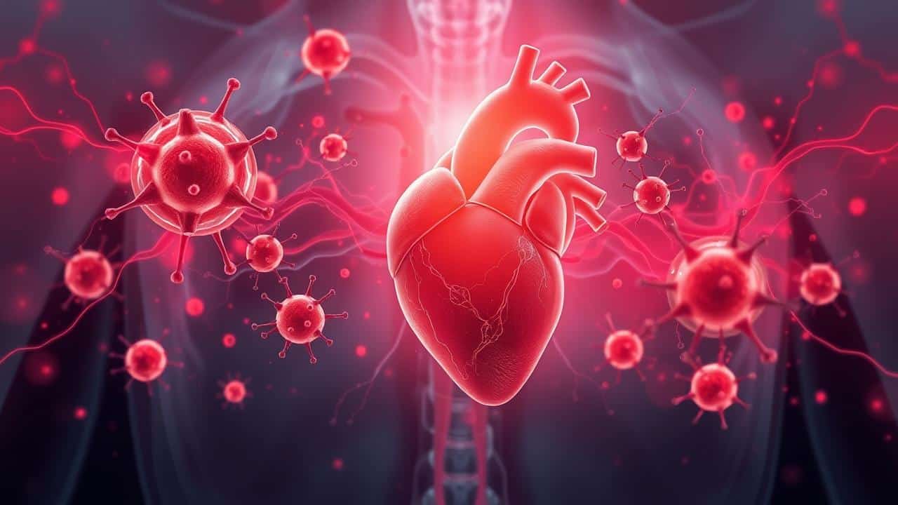 Ilustração conceitual de células senescentes afetando coração e rins, indicando inflamação.