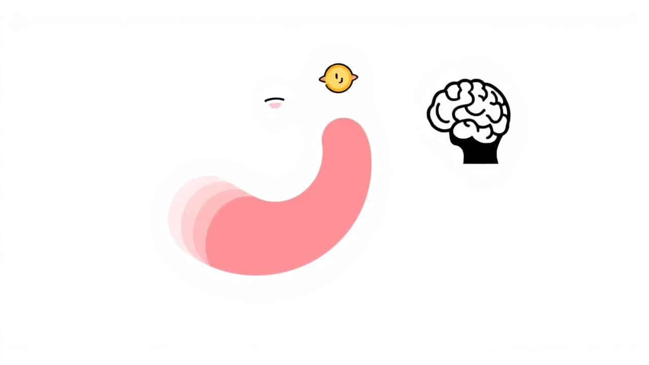 Ilustração de estômago cheio conectado ao cérebro, simbolizando saciedade e supressão do apetite.