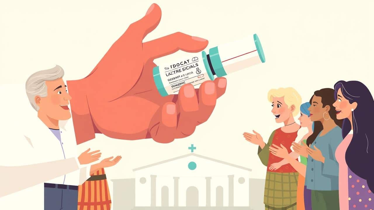 Ilustração de uma mão estendendo um medicamento a um grupo diverso de pessoas, simbolizando o acesso universal à saúde via SUS.