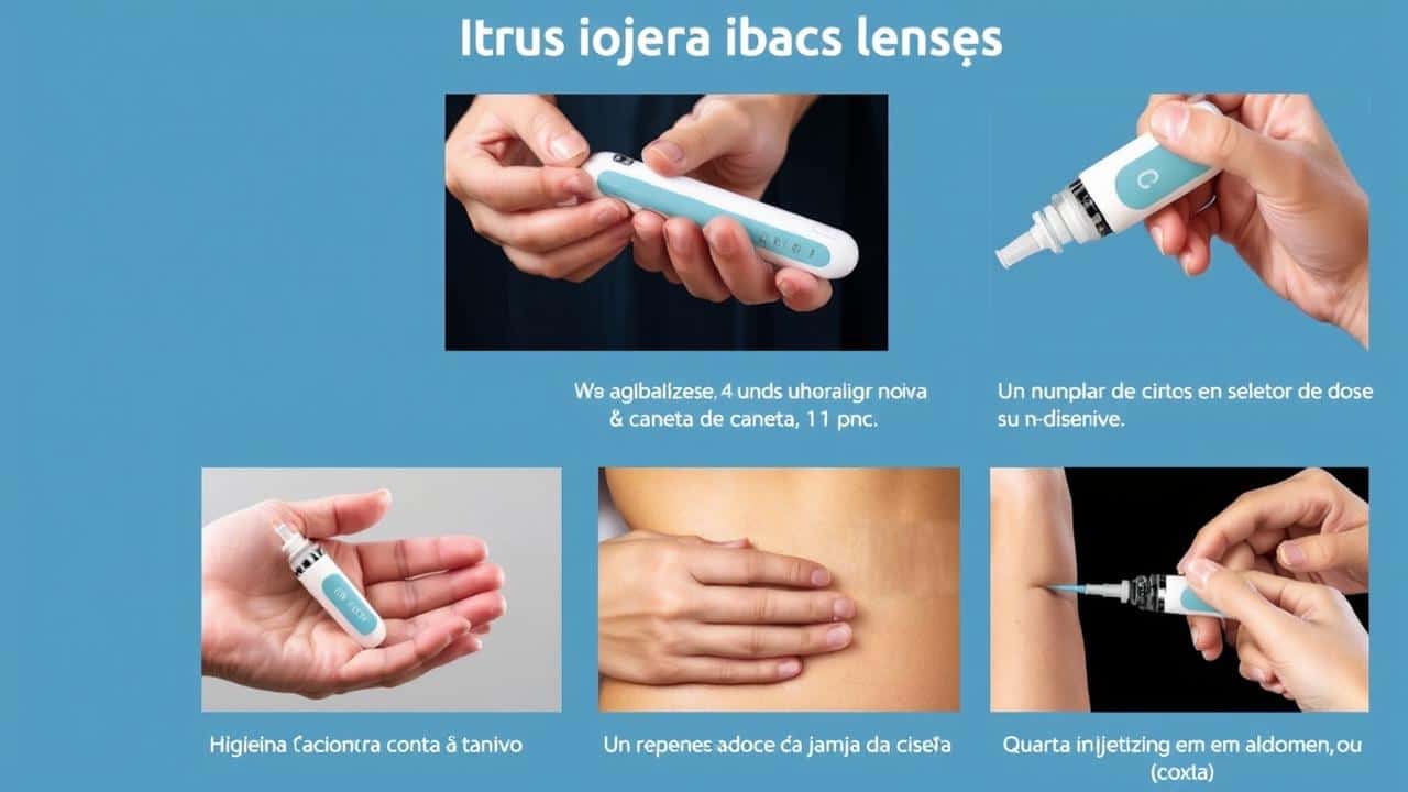 Sequência visual das etapas corretas para a aplicação da caneta de Ozempic, incluindo preparação e injeção.