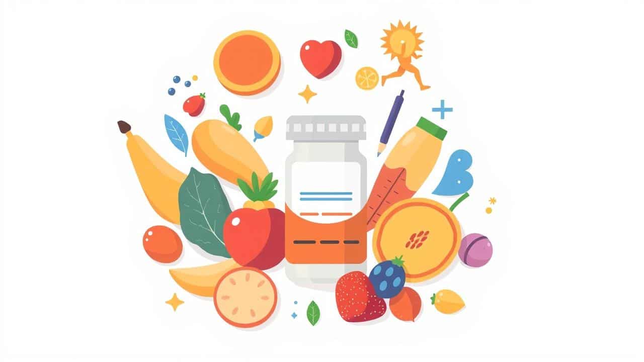 Caneta injetora com símbolos de alimentação, exercício e acompanhamento médico.