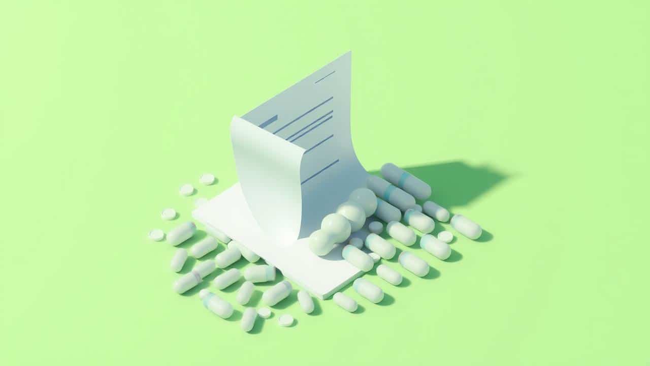 Ilustração 3D isométrica de uma patente se desintegrando, revelando diversas canetas de medicamento genéricas.