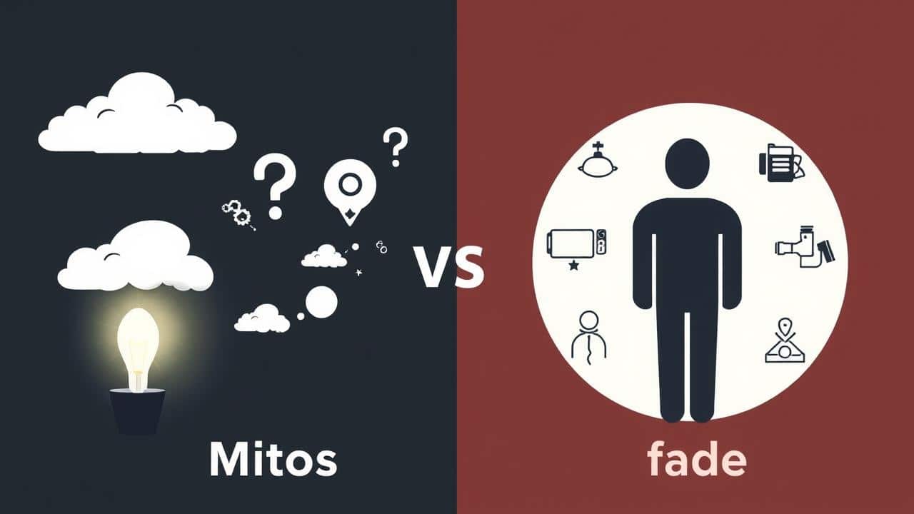 Imagem conceitual de uma lâmpada dissipando mitos e revelando verdades com símbolos científicos.