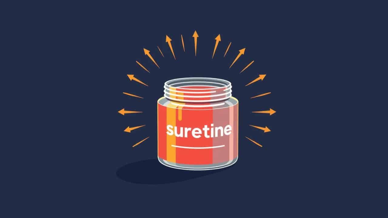 Ilustração de pote de creatina com símbolos abstratos de selos de certificação de qualidade, irradiando confiança.