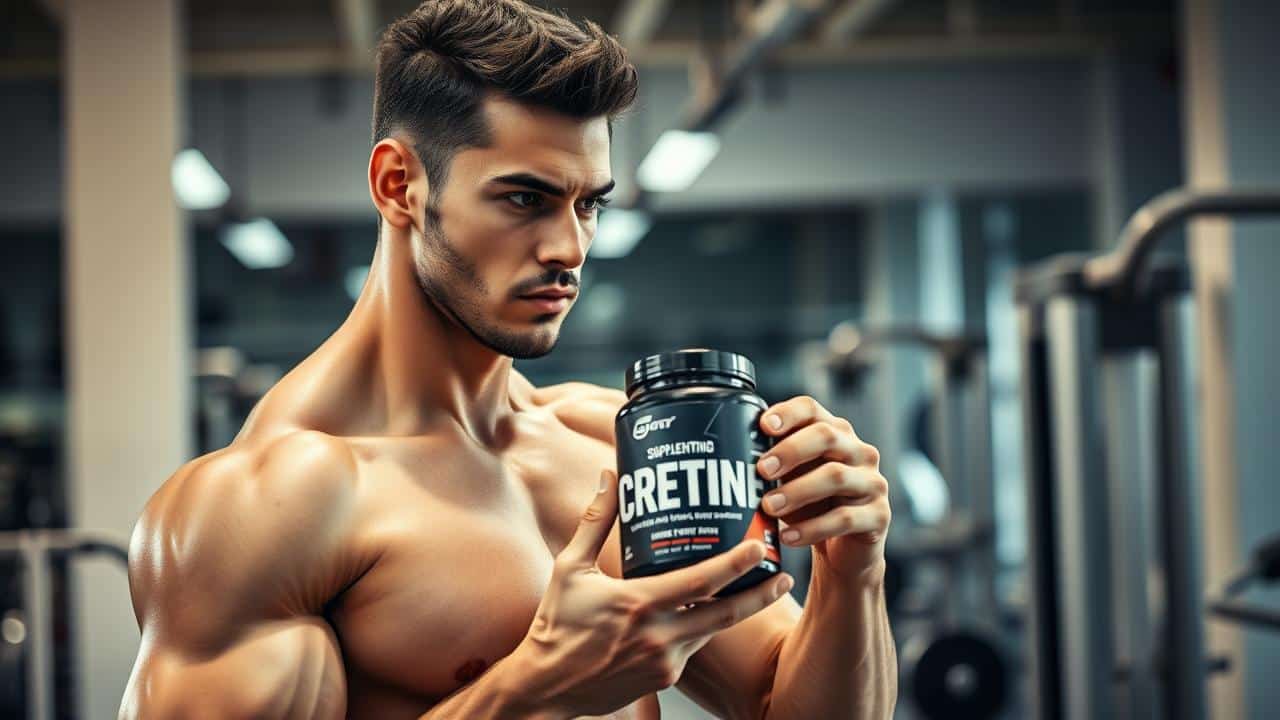 Atleta em ginásio segurando pote de creatina, simbolizando uma escolha inteligente para otimização de desempenho.