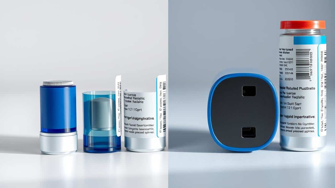 Comparação detalhada entre uma caneta de Ozempic original azul claro e uma falsificada com falhas visuais na impressão e embalagem.
