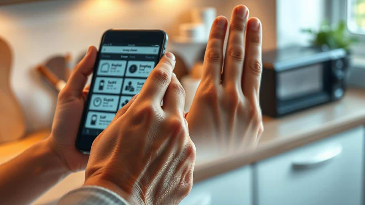 Mãos usando um smartphone para verificar um selo de qualidade em uma embalagem de creatina.