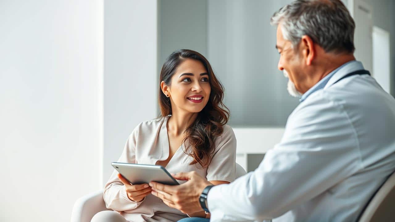 Pessoa consultando profissional de saúde sobre dieta em consultório médico.