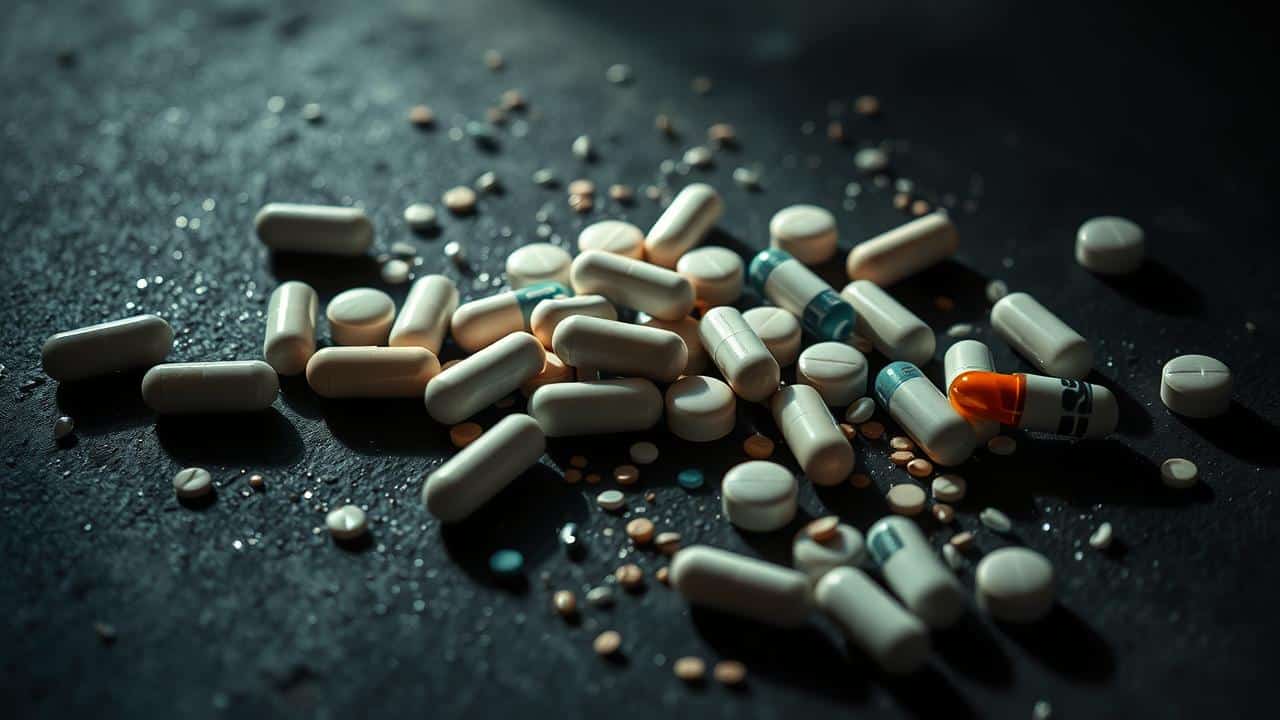 Imagem simbólica e sombria de medicamentos genéricos com elementos que representam toxicidade e perigo à saúde.