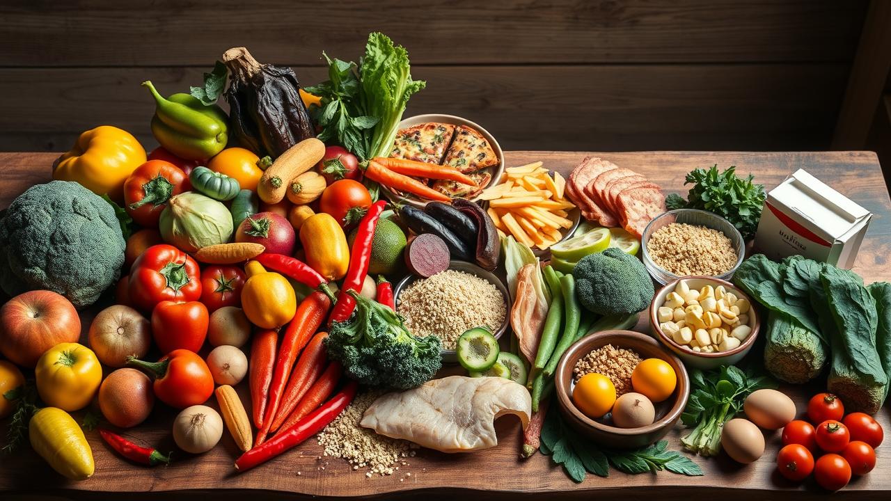 Variedade abundante de alimentos frescos e saudáveis em mesa rústica, contrastando com fast food ao fundo.