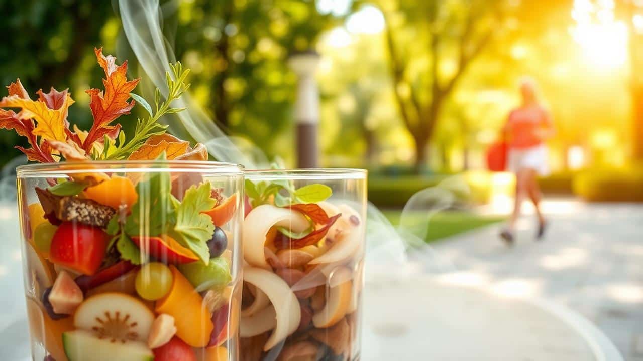 Variedade de chás coloridos em xícaras de vidro, com silhuetas de hábitos saudáveis ao fundo, em estilo vibrante e natural.