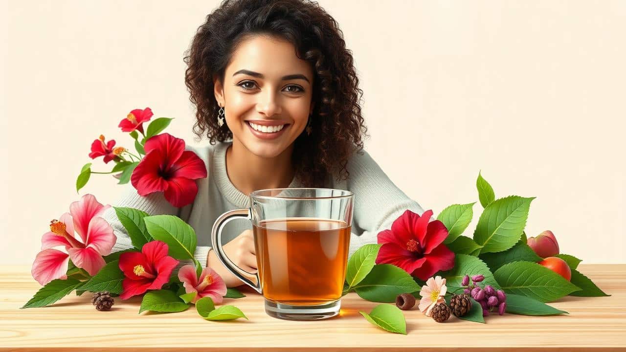 Variedade de chás naturais dispostos com uma pessoa desfrutando de chá ao fundo, simbolizando saúde e bem-estar.