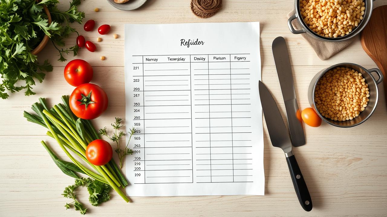 Vista aérea de um planejador de refeições semanal com anotações, cercado por ingredientes frescos e utensílios de cozinha.