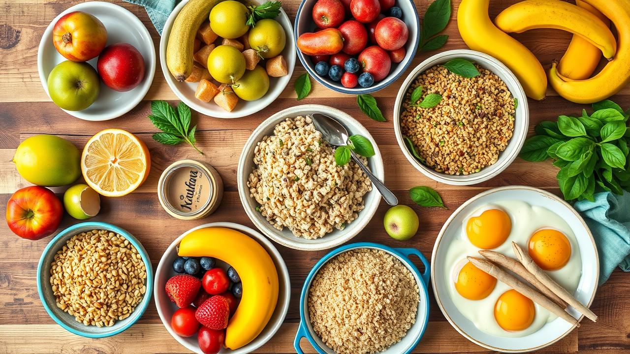 Vista aérea de uma refeição saudável e nutritiva em uma mesa de madeira, incluindo frutas, vegetais, grãos e proteínas.