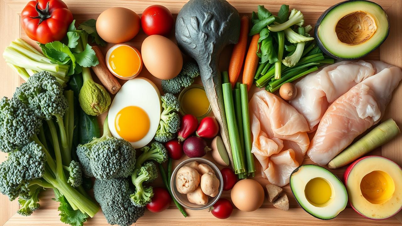 Vista aérea de uma variedade apetitosa de alimentos frescos e saudáveis permitidos na dieta Low Carb.