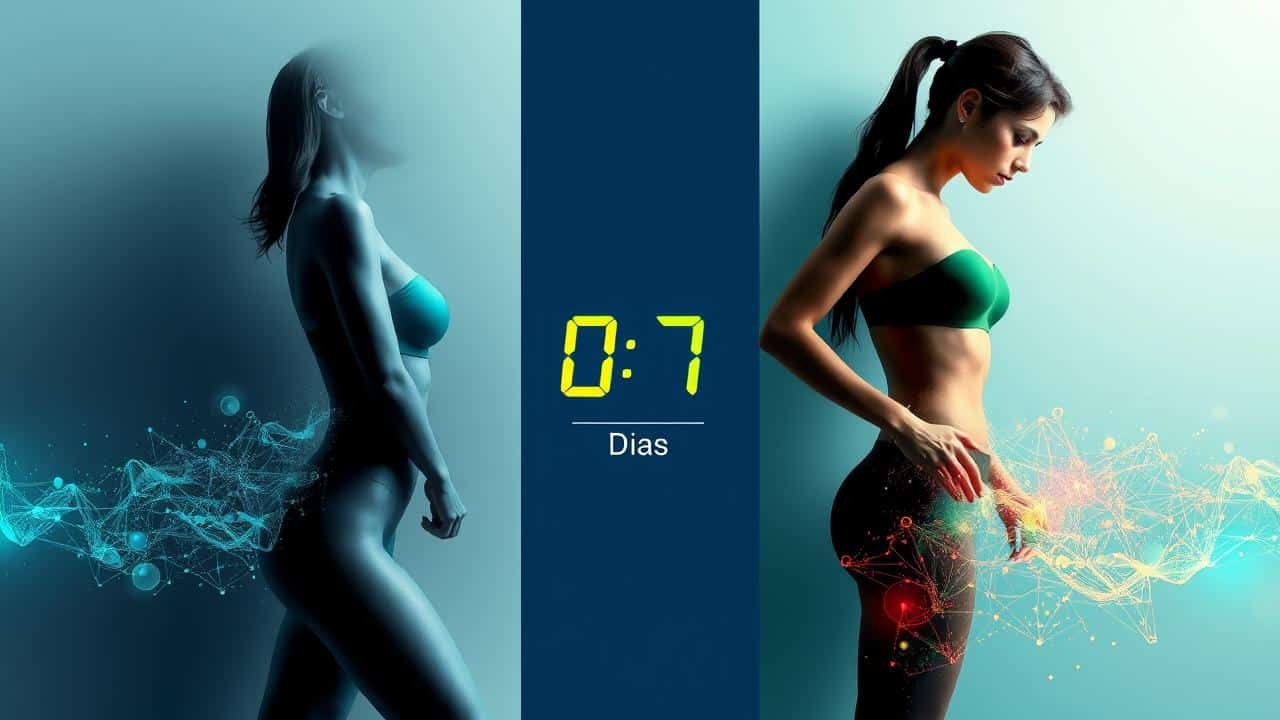Visual dinâmico de transformação corporal em 7 dias, com silhueta tonificada e símbolos de energia.