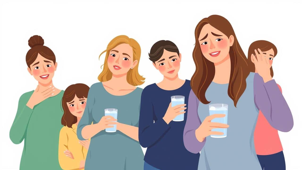 Ilustração de pessoas com leves desconfortos gastrointestinais, gerenciando sintomas.