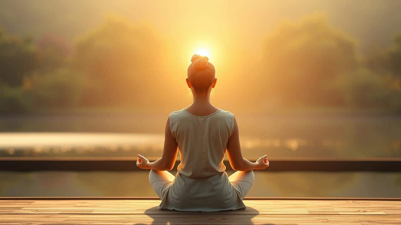 Adulto meditando em um ambiente natural tranquilo, simbolizando foco e bem-estar.