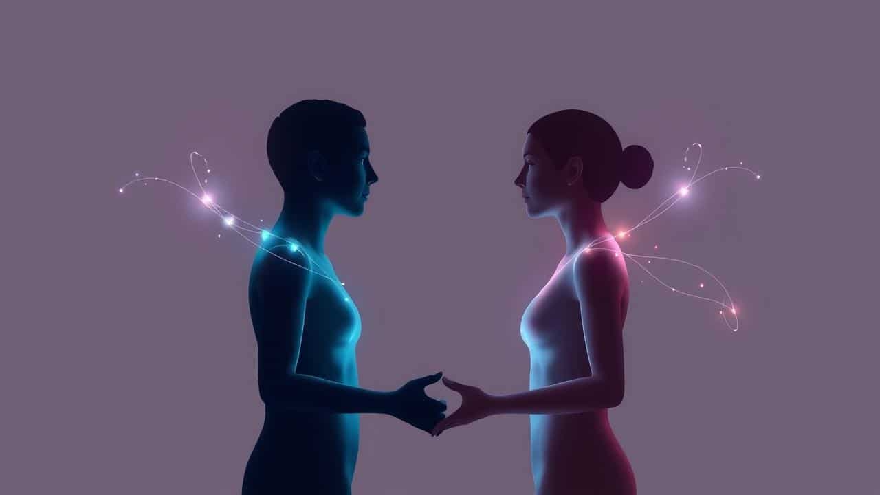 Arte conceitual de duas figuras humanas interagindo com auras de cores quentes, simbolizando a consciência do encontro e conexão autêntica.