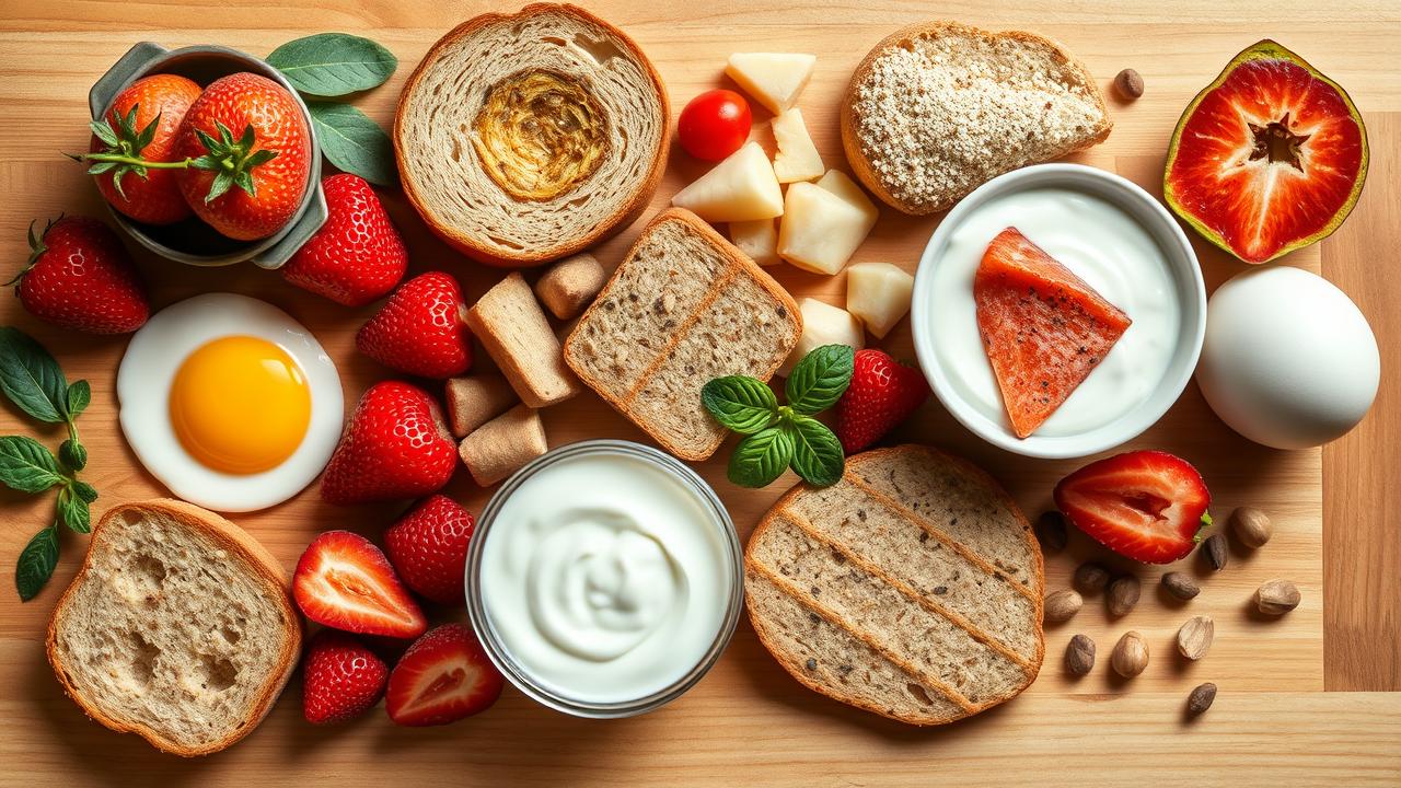 Café da manhã nutritivo com ovos, iogurte, frutas, aveia, pão integral, abacate, nozes.