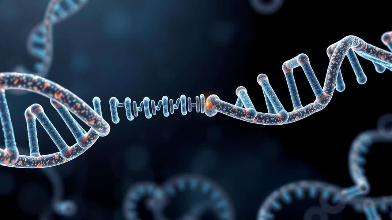Ilustração científica do sistema CRISPR/Cas9 editando uma fita de DNA com precisão molecular.
