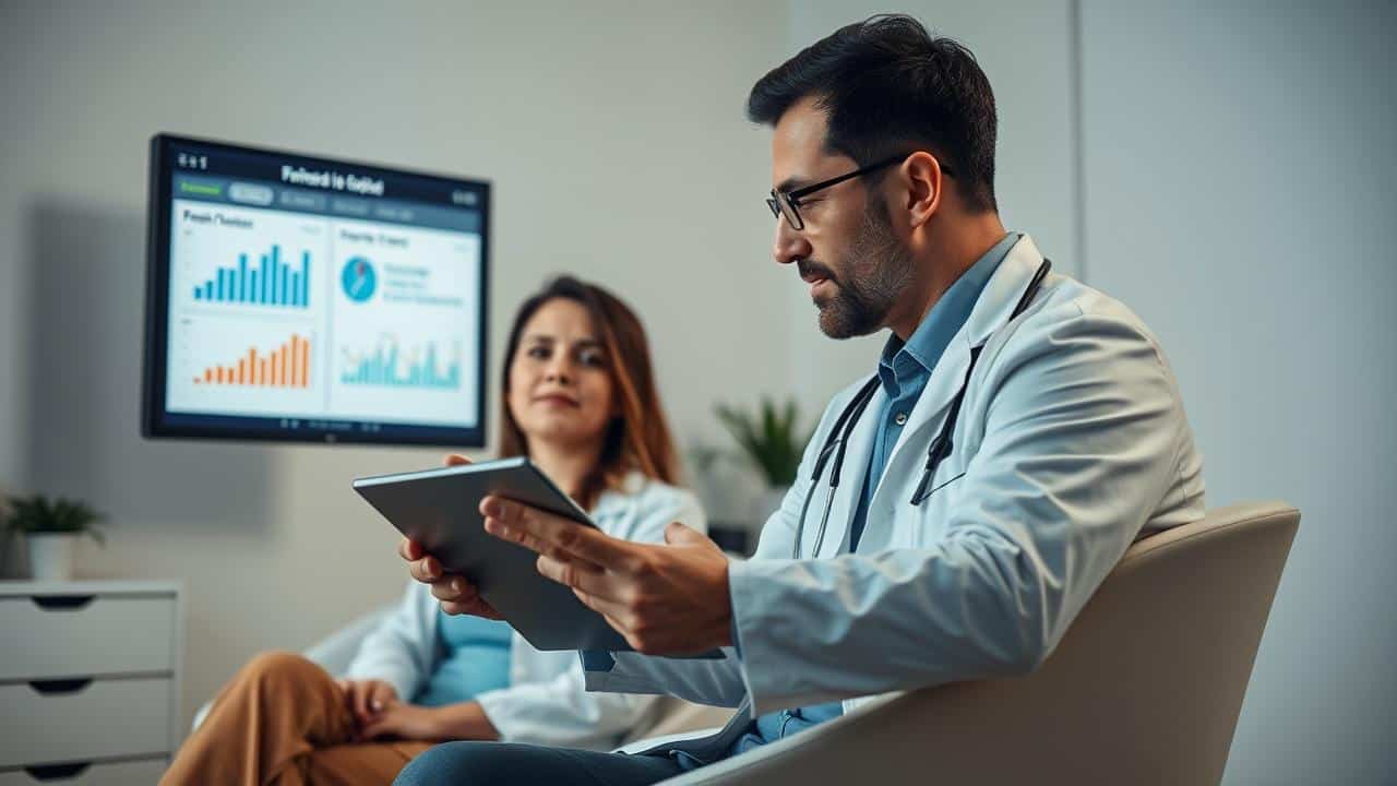 Cena fotorrealista de médico e paciente conversando sobre um diagnóstico, com elementos de tecnologia e esperança.