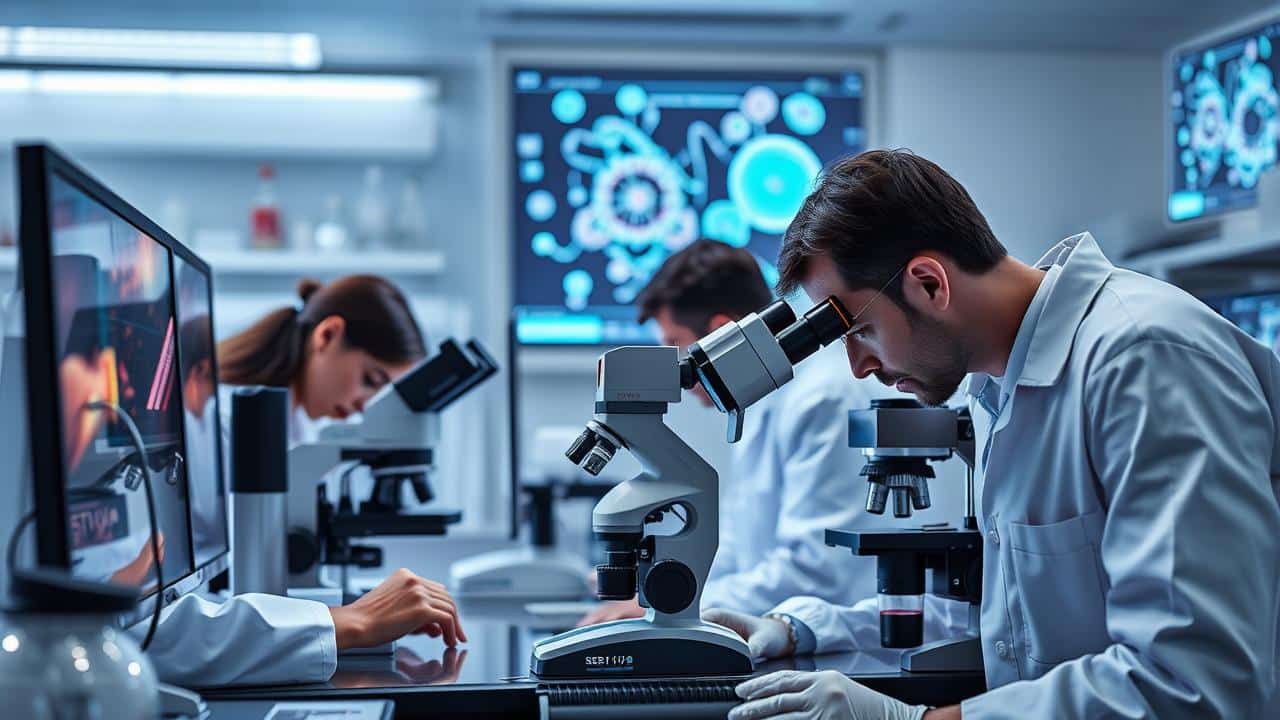 Cientistas em um laboratório moderno, representando a pesquisa e o rigor científico por trás do produto.
