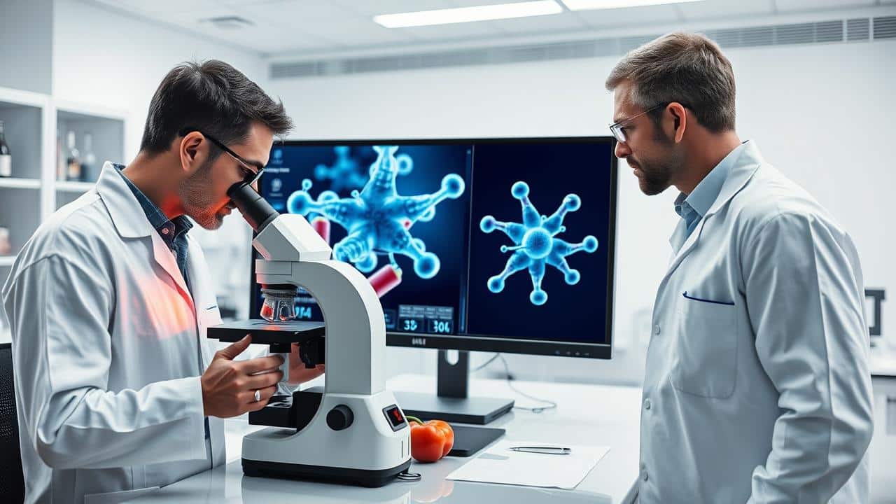Cientistas em um laboratório moderno estudando elementos termogênicos e estruturas de proteínas para otimização metabólica.