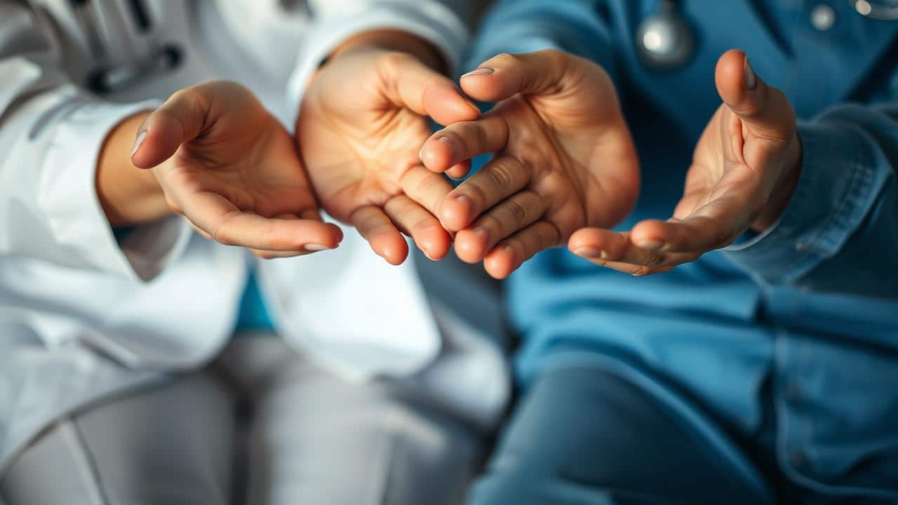 Close-up das mãos de terapeuta e paciente, simbolizando confiança, escuta e apoio.