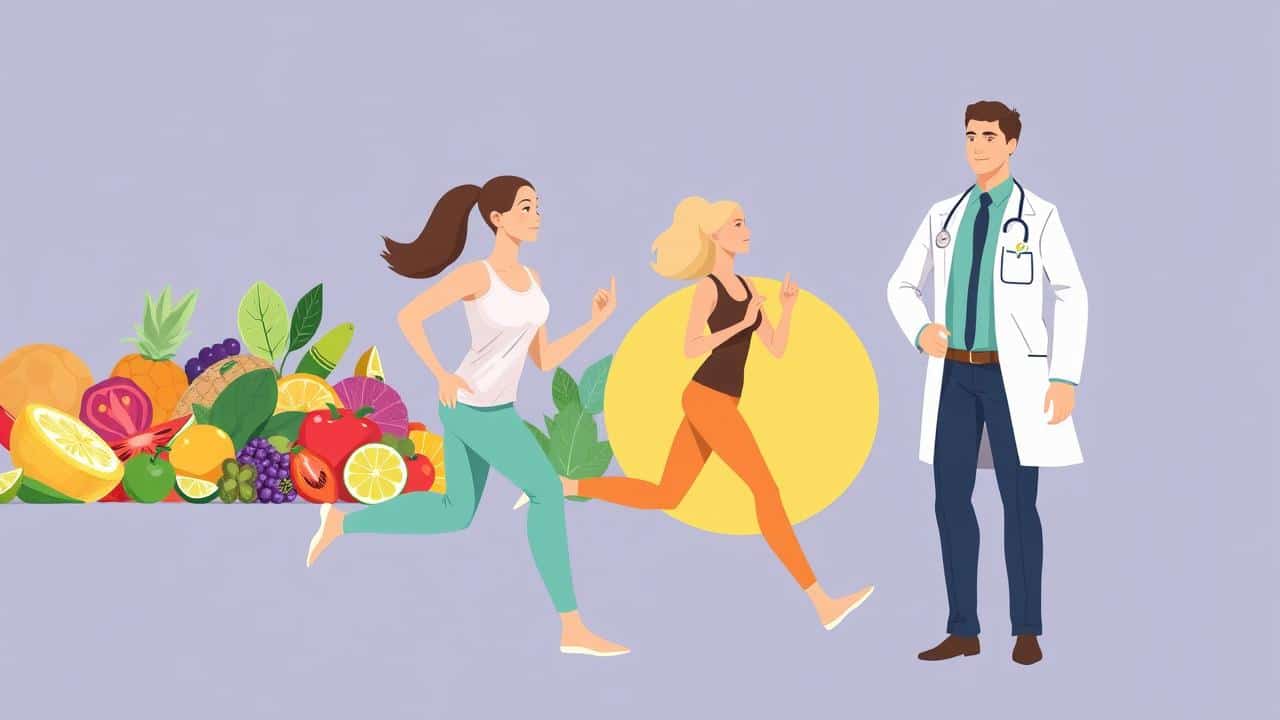 Colagem ilustrativa de dieta saudável, exercícios e consulta médica para controle de colesterol.