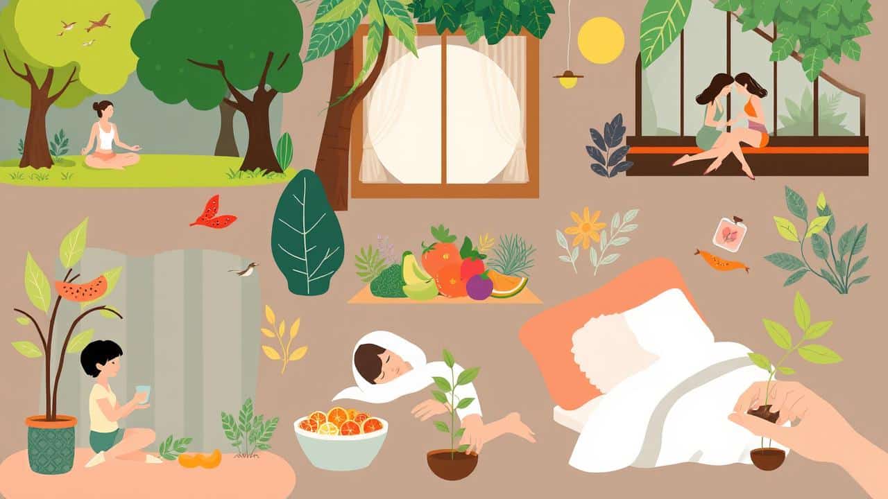 Colagem visual de cenas de bem-estar: meditação, socialização, exercícios, alimentação saudável, sono e propósito.