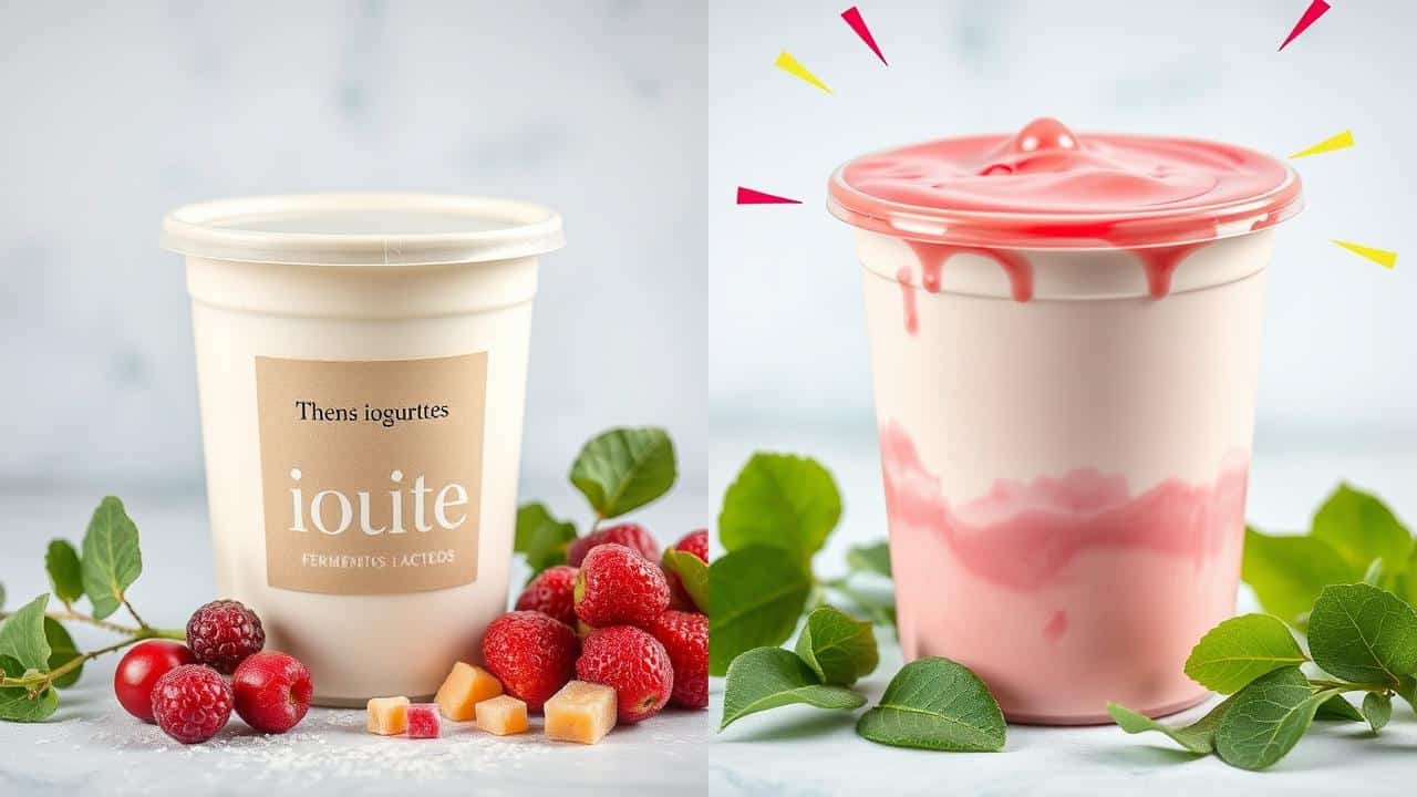 Comparação visual entre um iogurte natural com frutas e um iogurte processado com açúcar abstrato.