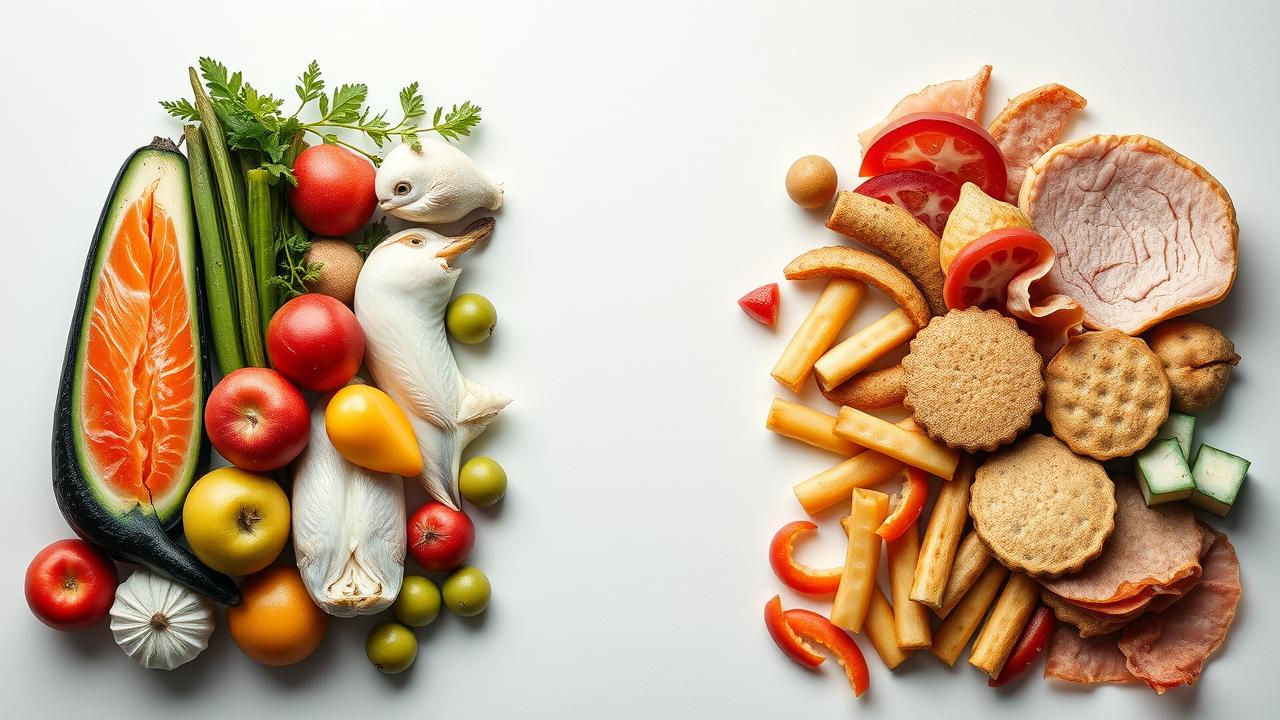 Composição fotográfica dividida entre alimentos saudáveis (peixes, frutas, aveia) e alimentos não saudáveis (hambúrguer, batatas fritas, biscoitos) para o coração.
