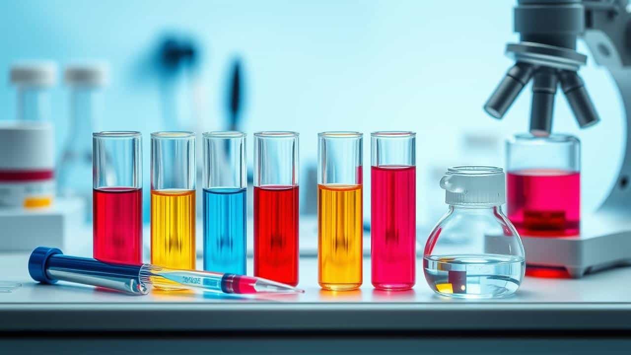 Composição organizada de tubos de ensaio, microscópio e equipamentos de laboratório para testes de diagnóstico.
