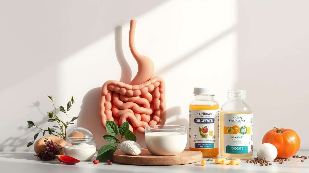 Composição visual de saúde digestiva, imunidade, suplementos e alimentos funcionais.